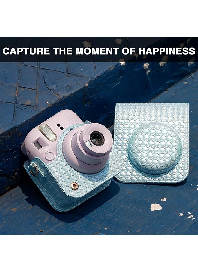 Camera Case for Fujifilm Instax Mini 12 Instant Camera, PU Leather Glitter Woven Camera Bag with Shoulder Strap & 64 Pockets Mini Photo Album - Blue