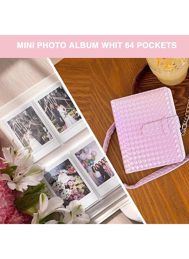 Camera Case for Fujifilm Instax Mini 12 Instant Camera, PU Leather Glitter Woven Camera Bag with Shoulder Strap & 64 Pockets Mini Photo Album- Pink
