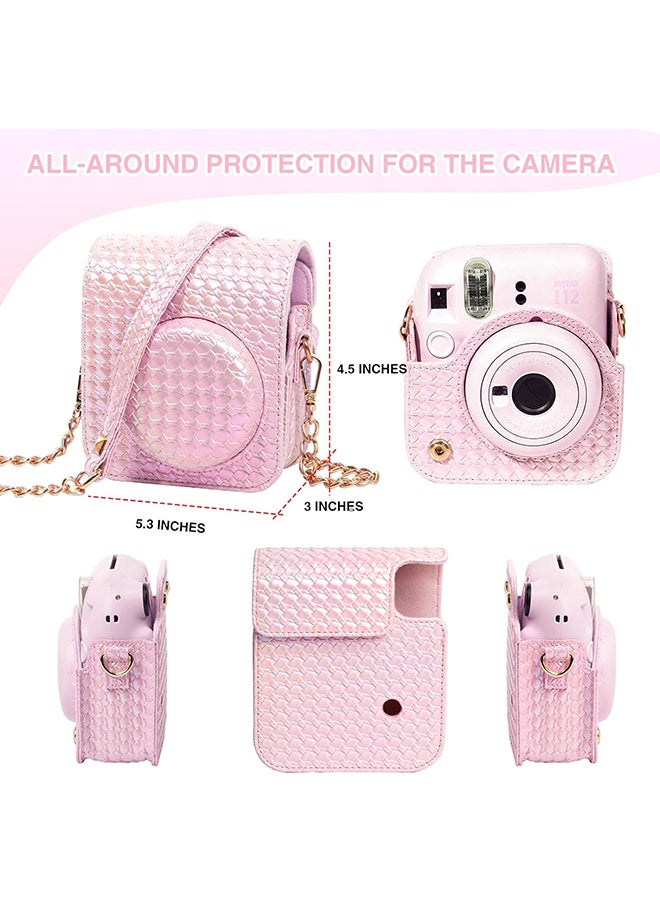 Camera Case for Fujifilm Instax Mini 12 Instant Camera, PU Leather Glitter Woven Camera Bag with Shoulder Strap & 64 Pockets Mini Photo Album- Pink