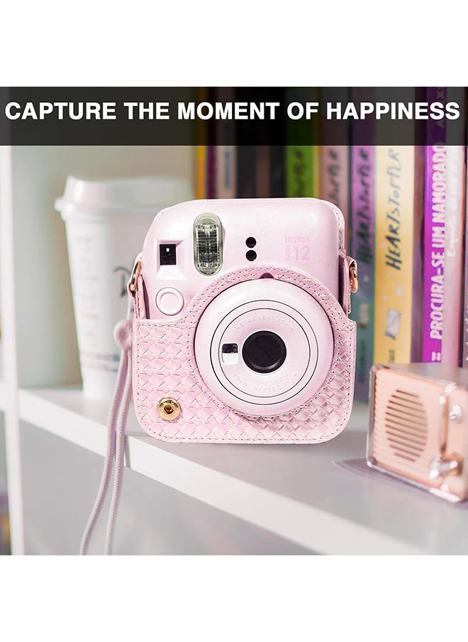 Camera Case for Fujifilm Instax Mini 12 Instant Camera, PU Leather Glitter Woven Camera Bag with Shoulder Strap & 64 Pockets Mini Photo Album- Pink