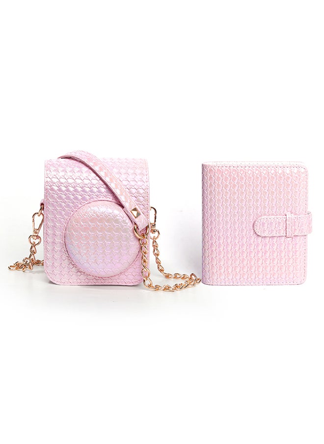Camera Case for Fujifilm Instax Mini 12 Instant Camera, PU Leather Glitter Woven Camera Bag with Shoulder Strap & 64 Pockets Mini Photo Album- Pink