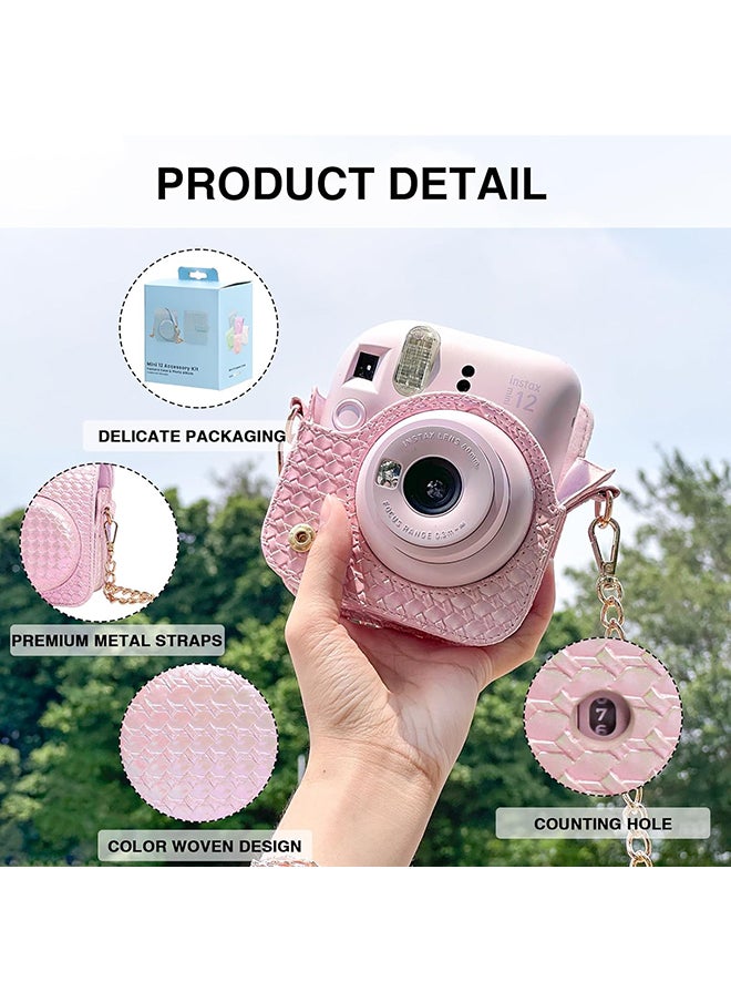 Camera Case for Fujifilm Instax Mini 12 Instant Camera, PU Leather Glitter Woven Camera Bag with Shoulder Strap & 64 Pockets Mini Photo Album- Pink