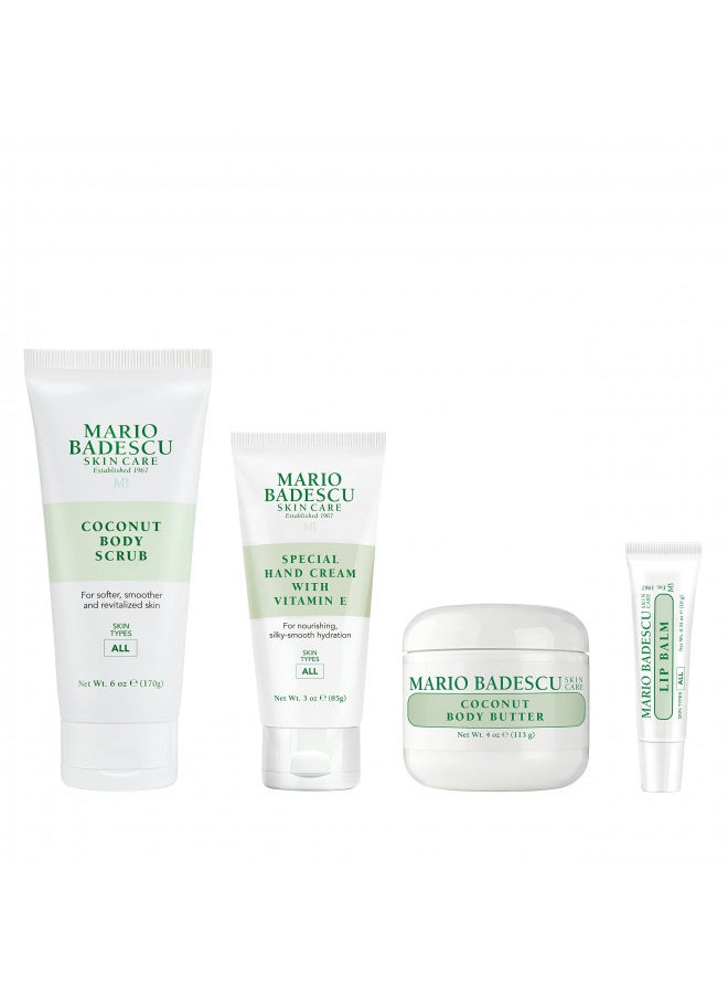 Mario Badescu Best of Body Essentials 4 Piece Kit, Skincare Gift Set Includes Lip Balm, Coconut Body Scrub, Coconut Body Butter & Special Hand Cream With Vitamin E