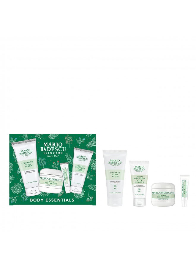 Mario Badescu Best of Body Essentials 4 Piece Kit, Skincare Gift Set Includes Lip Balm, Coconut Body Scrub, Coconut Body Butter & Special Hand Cream With Vitamin E