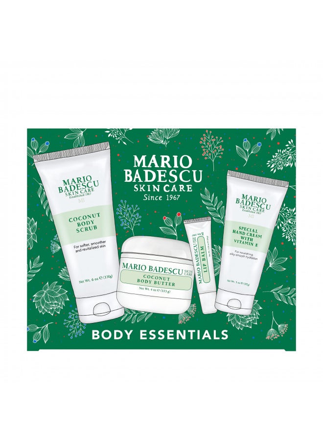 Mario Badescu Best of Body Essentials 4 Piece Kit, Skincare Gift Set Includes Lip Balm, Coconut Body Scrub, Coconut Body Butter & Special Hand Cream With Vitamin E