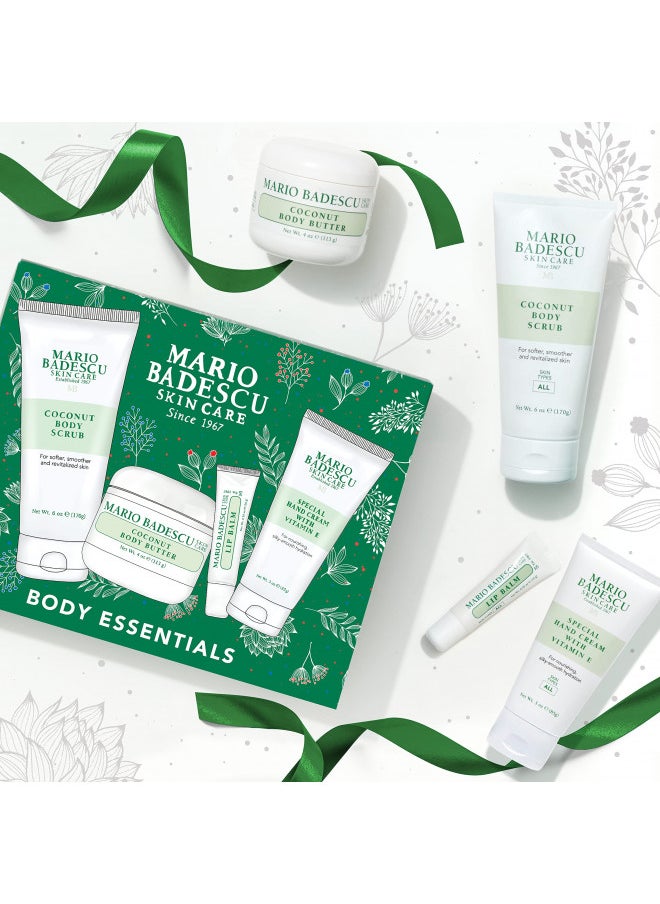 Mario Badescu Best of Body Essentials 4 Piece Kit, Skincare Gift Set Includes Lip Balm, Coconut Body Scrub, Coconut Body Butter & Special Hand Cream With Vitamin E