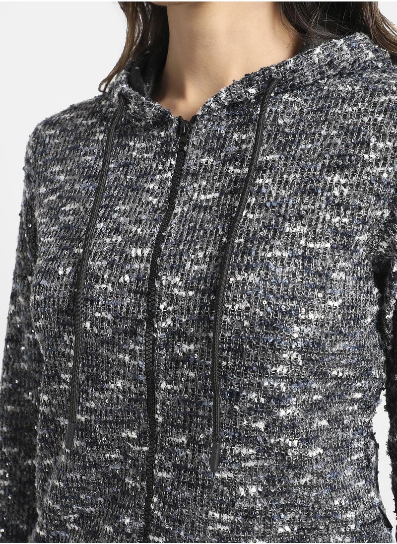 Women's Charcoal Grey Textured Hoodie With Zip-Closure