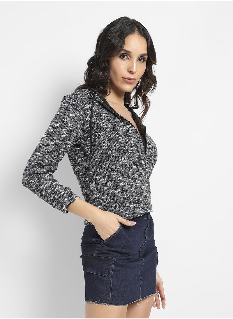 Women's Charcoal Grey Textured Hoodie With Zip-Closure