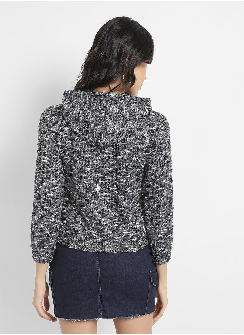 Women's Charcoal Grey Textured Hoodie With Zip-Closure