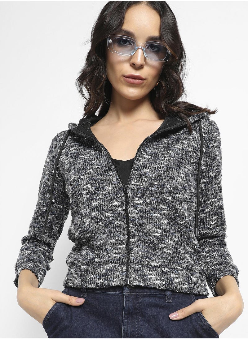 Women's Charcoal Grey Textured Hoodie With Zip-Closure