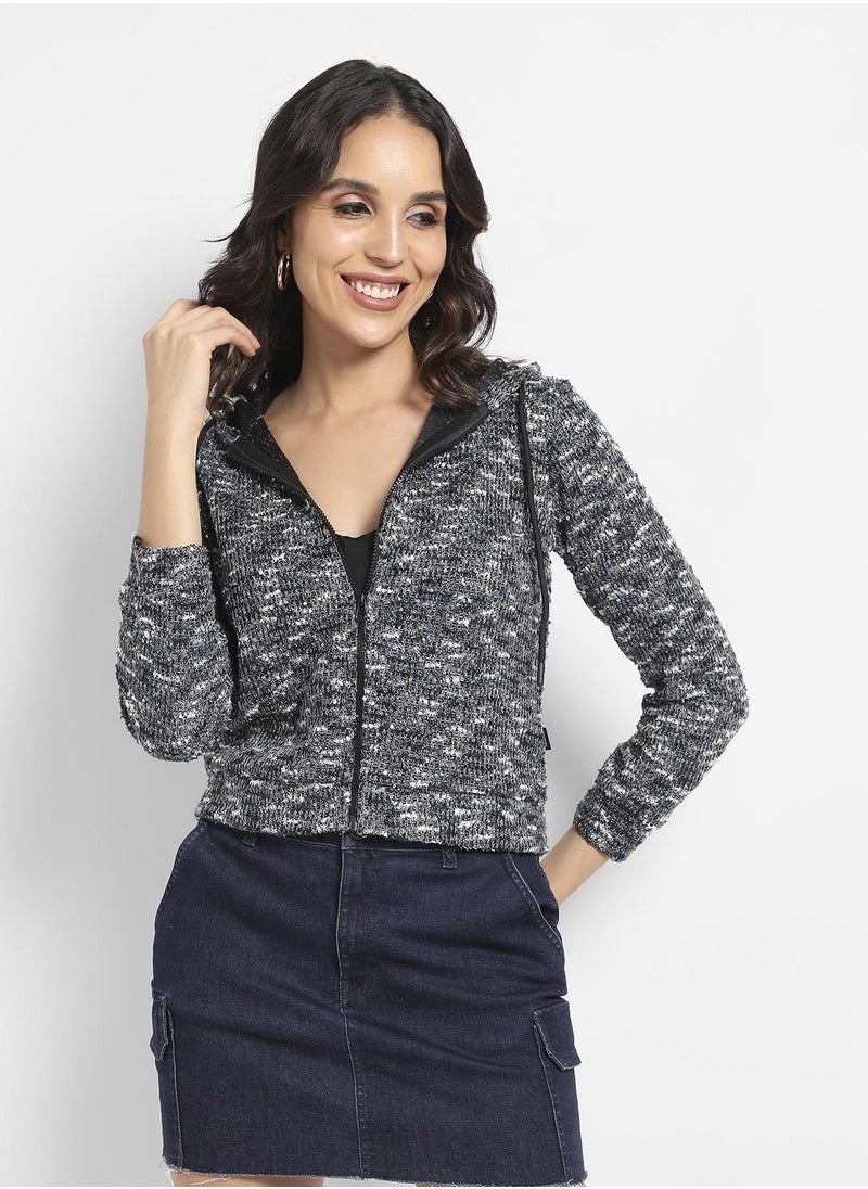 Women's Charcoal Grey Textured Hoodie With Zip-Closure