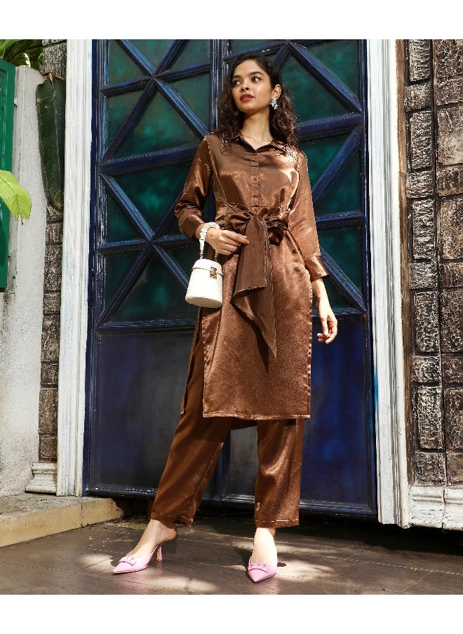 Women's Chocolate Brown Satin Tie-Up Kurta With Trousers