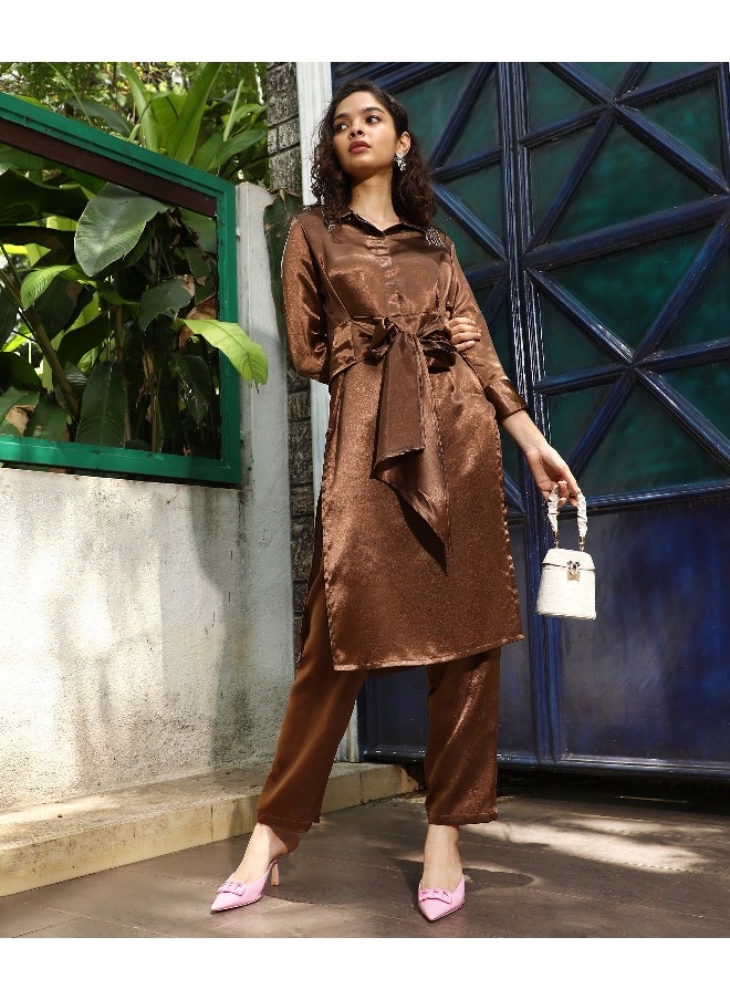 Women's Chocolate Brown Satin Tie-Up Kurta With Trousers