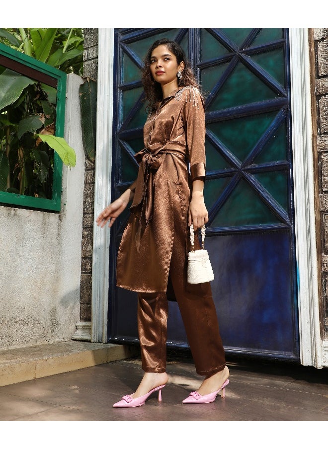 Women's Chocolate Brown Satin Tie-Up Kurta With Trousers