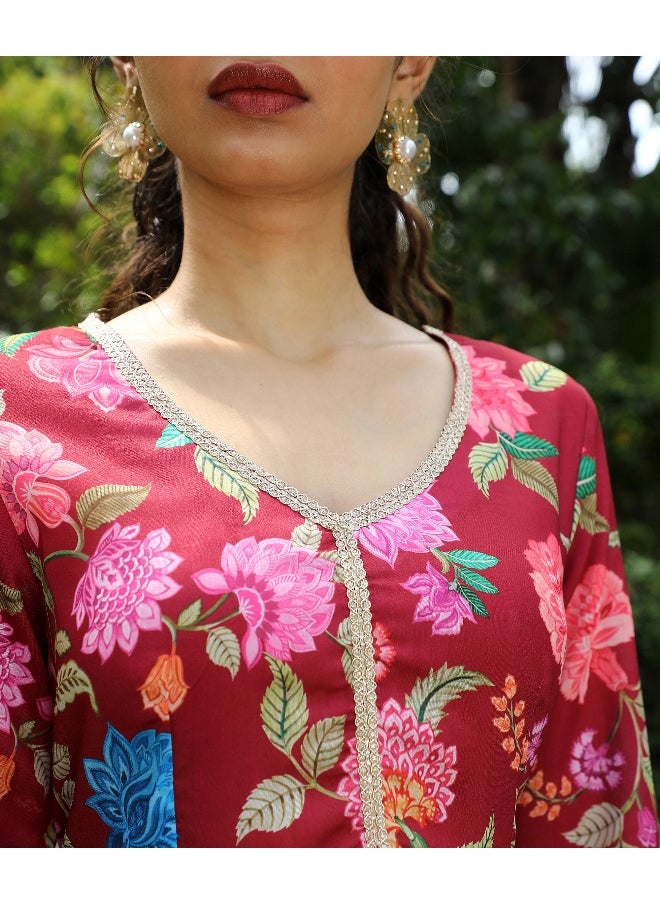 Women's Crimson Red Flora Cluster Kurta With Trousers And Dupatta