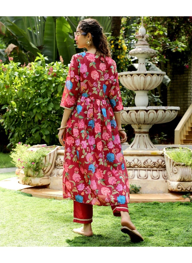 Women's Crimson Red Flora Cluster Kurta With Trousers And Dupatta