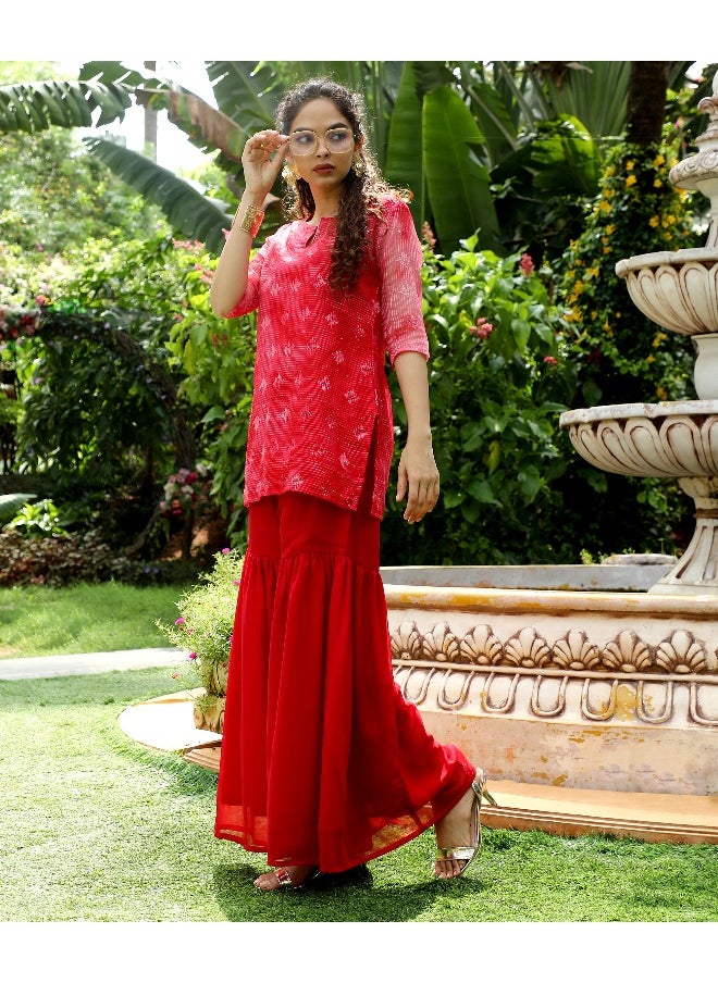 Women's Crimson Red Tie-Dye Kurti With Palazzo And Dupatta