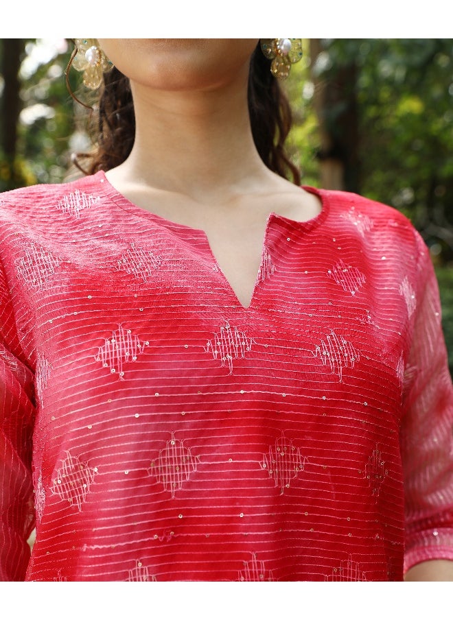 Women's Crimson Red Tie-Dye Kurti With Palazzo And Dupatta