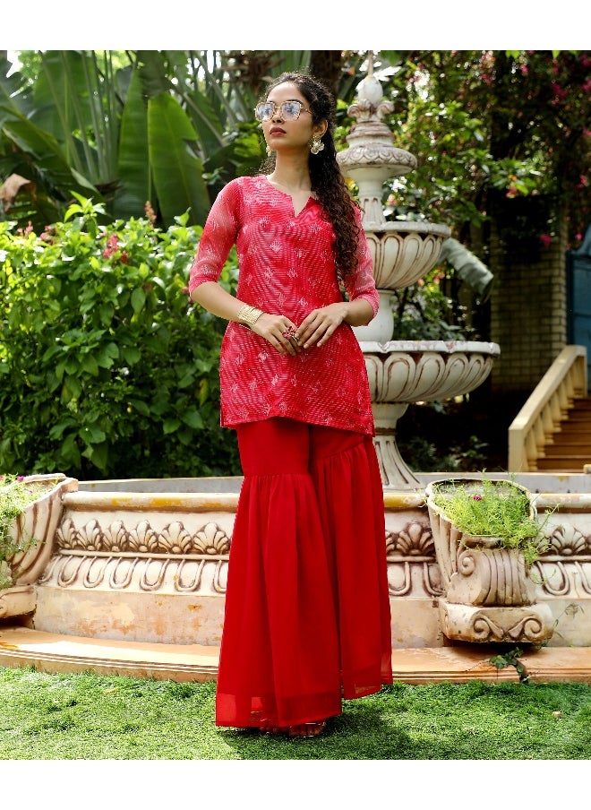 Women's Crimson Red Tie-Dye Kurti With Palazzo And Dupatta