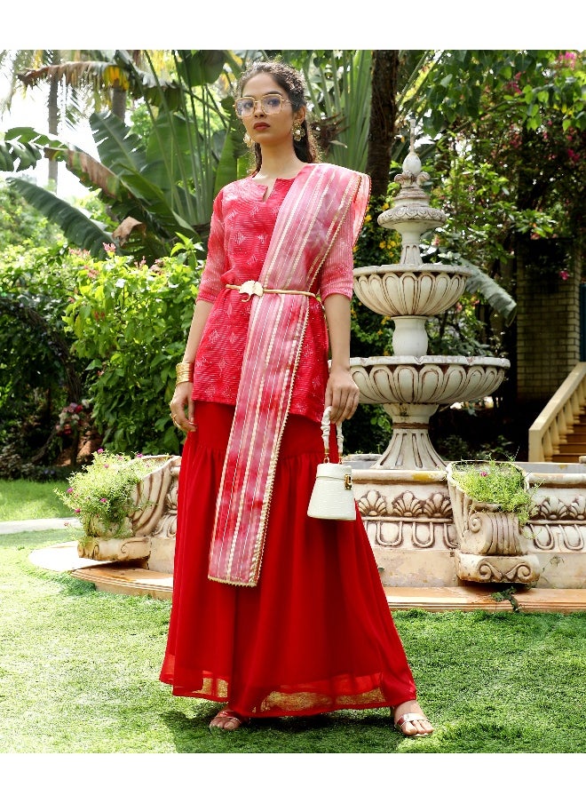 Women's Crimson Red Tie-Dye Kurti With Palazzo And Dupatta