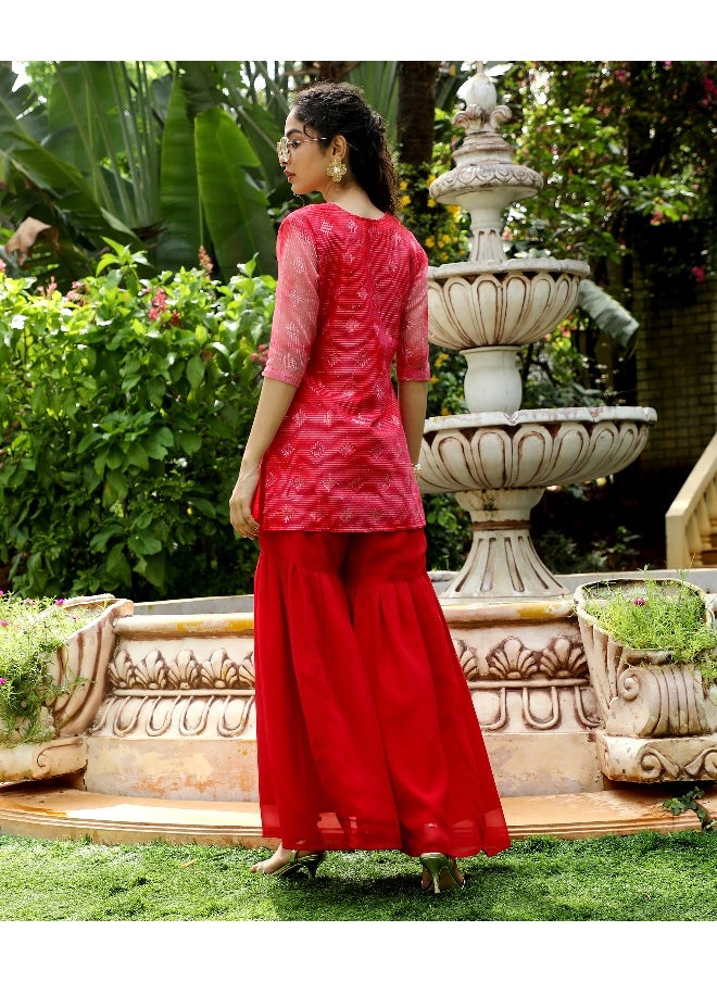 Women's Crimson Red Tie-Dye Kurti With Palazzo And Dupatta