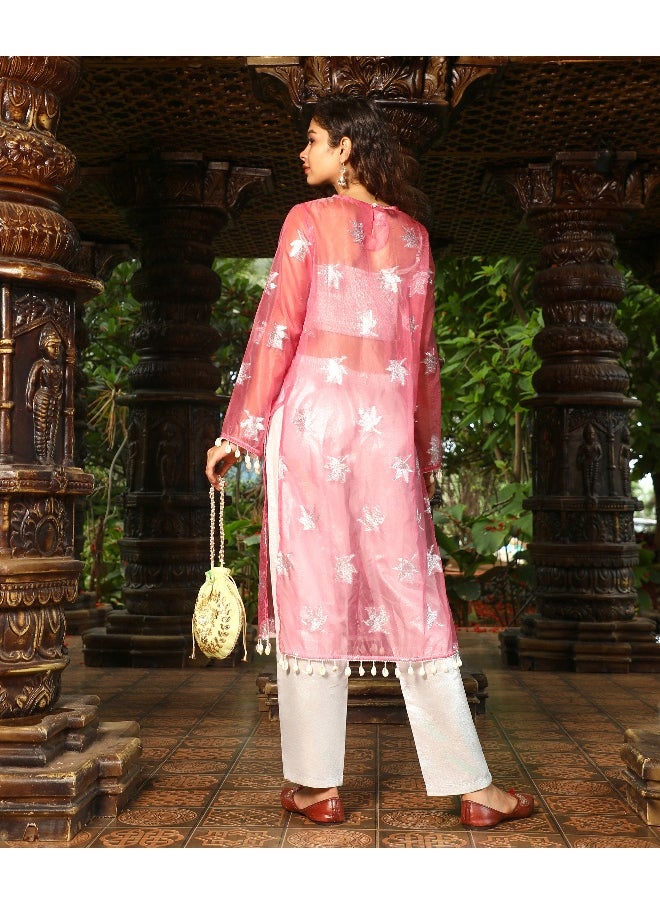 Women's Blush Pink Maple Leaf Kurta With Crop And Trousers