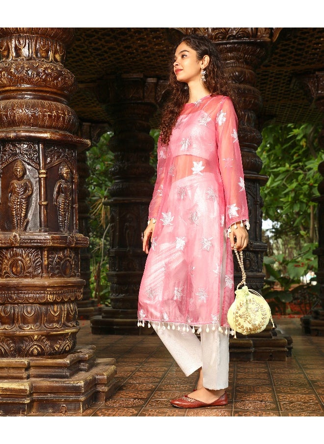 Women's Blush Pink Maple Leaf Kurta With Crop And Trousers