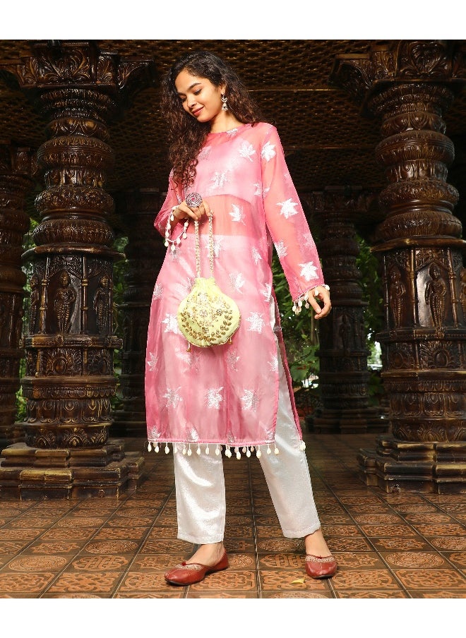 Women's Blush Pink Maple Leaf Kurta With Crop And Trousers