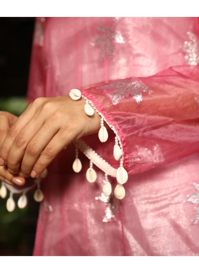 Women's Blush Pink Maple Leaf Kurta With Crop And Trousers