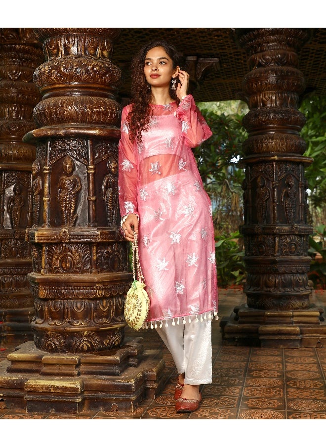 Women's Blush Pink Maple Leaf Kurta With Crop And Trousers