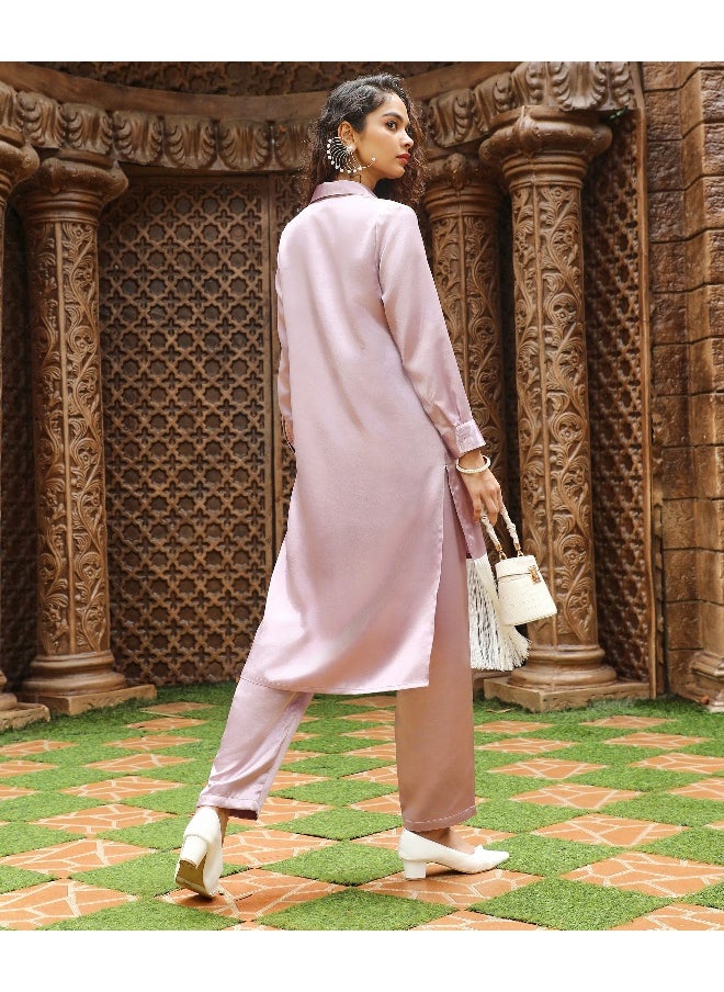 Women's Nude Pink Fringed Block Kurta With Trousers