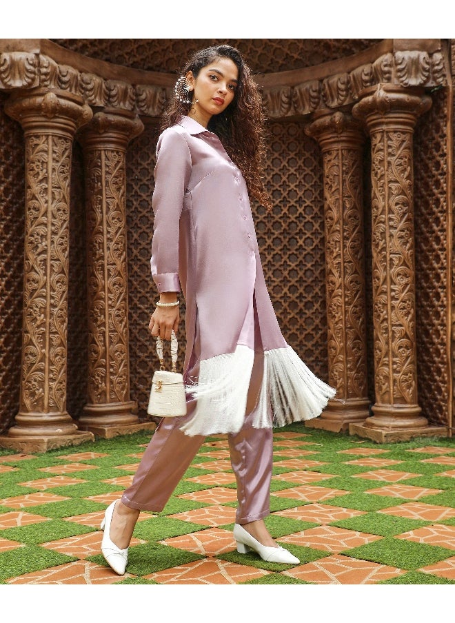 Women's Nude Pink Fringed Block Kurta With Trousers