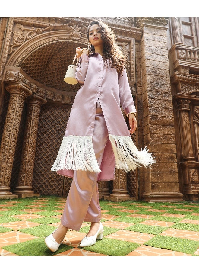 Women's Nude Pink Fringed Block Kurta With Trousers