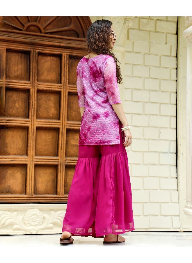 Women's Plum Purple Tie-Dye Kurti With Palazzo And Dupatta