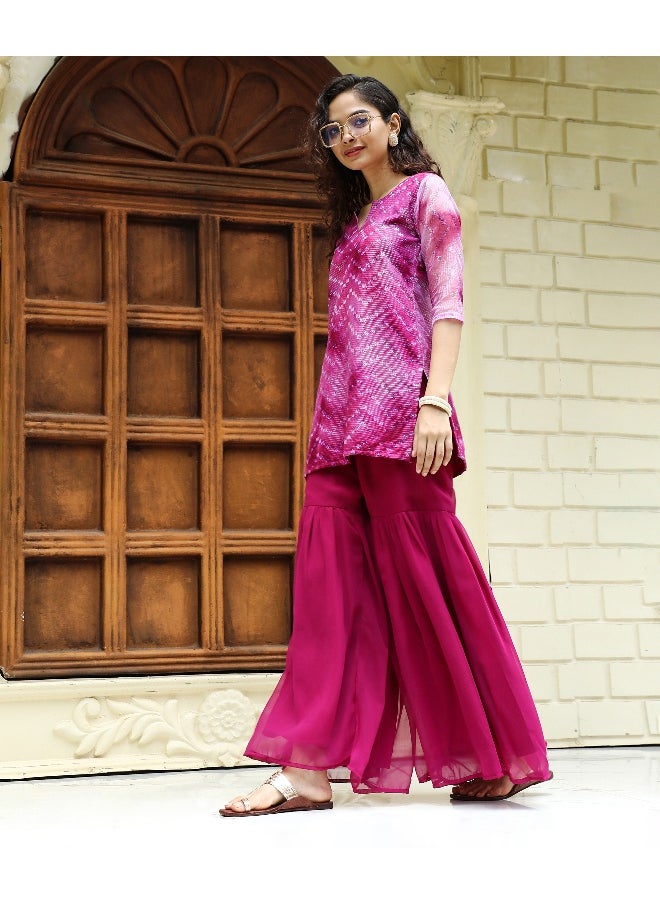 Women's Plum Purple Tie-Dye Kurti With Palazzo And Dupatta