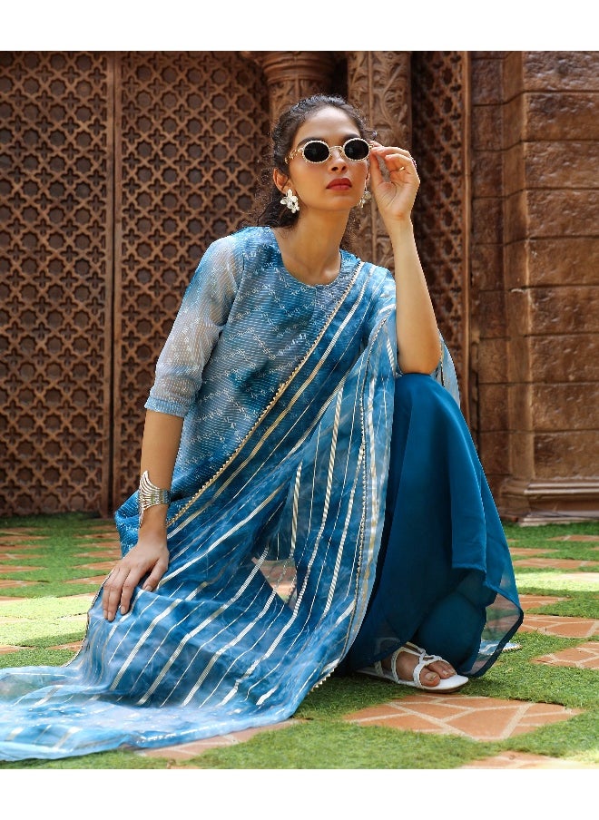 Women's Indigo Blue Tie-Dye Kurti With Palazzo And Dupatta