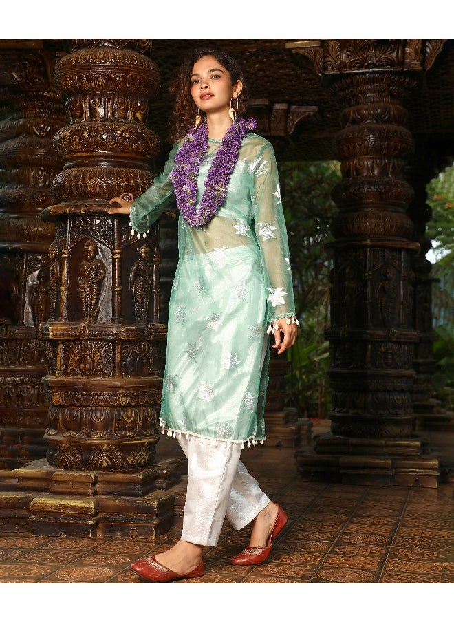 Women's Jade Green Maple Leaf Kurta With Crop And Trousers