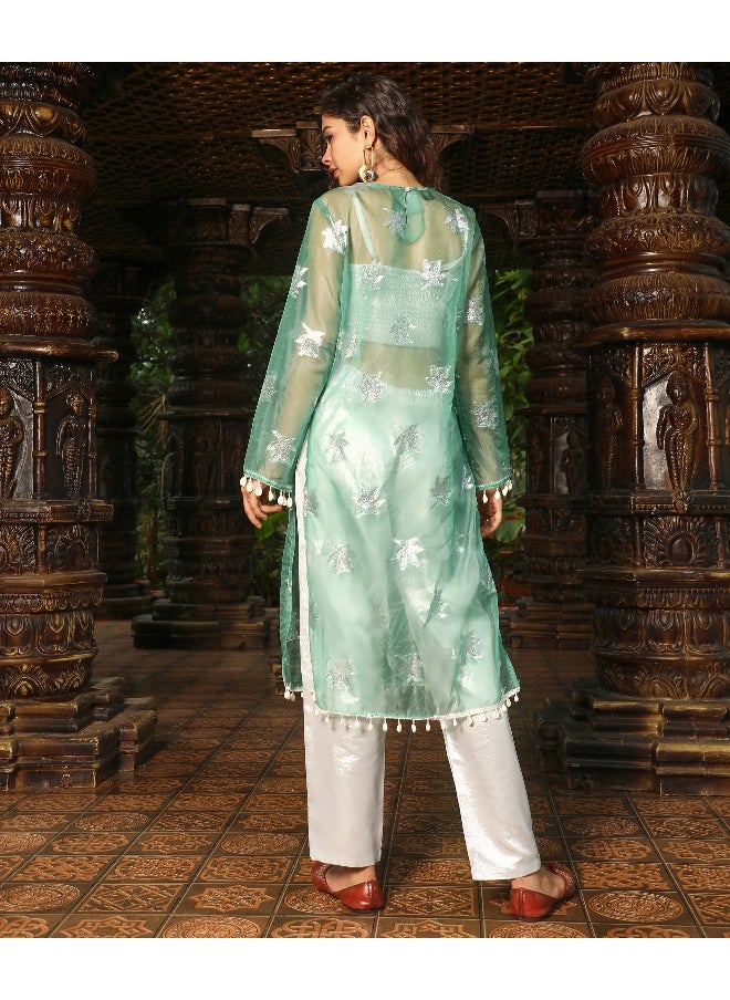 Women's Jade Green Maple Leaf Kurta With Crop And Trousers