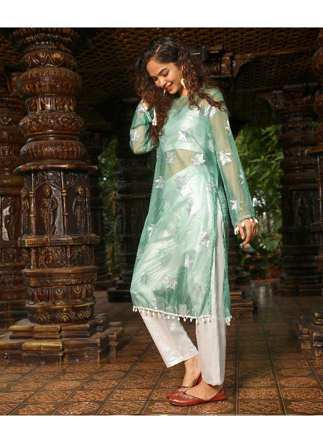 Women's Jade Green Maple Leaf Kurta With Crop And Trousers