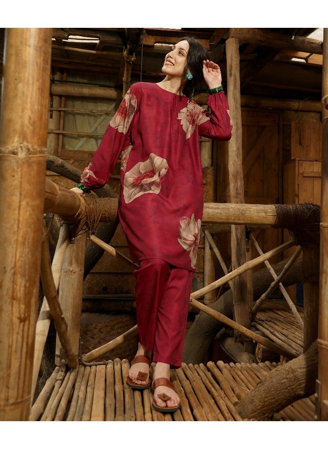 Women's Rouge Pink Poppy Flora Kurti With Trousers