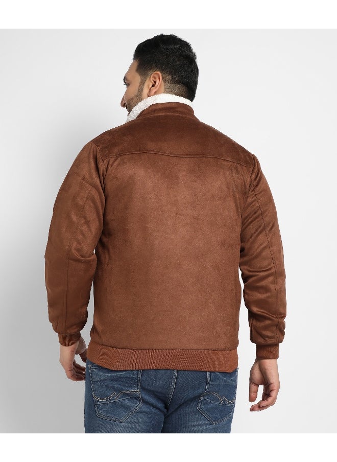 Instafab Plus Men's Brown Zip-Front Jacket With Fleece Detail