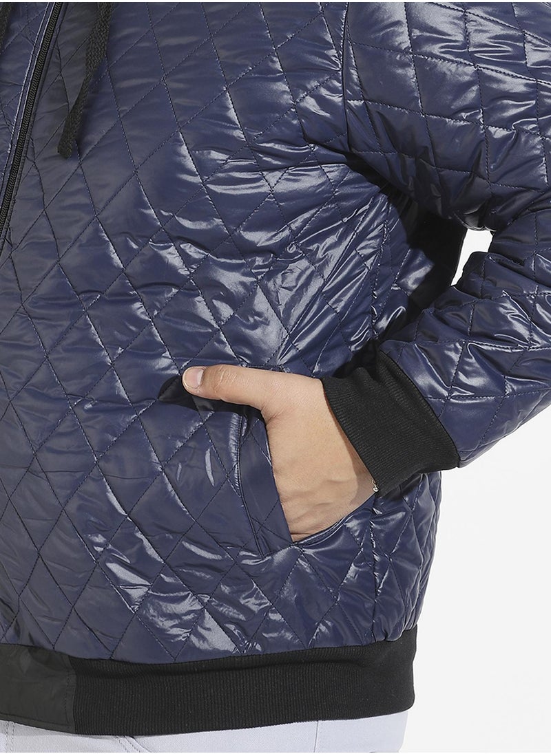 Men's Blue Quilted Puffer Jacket With Zip-Closure