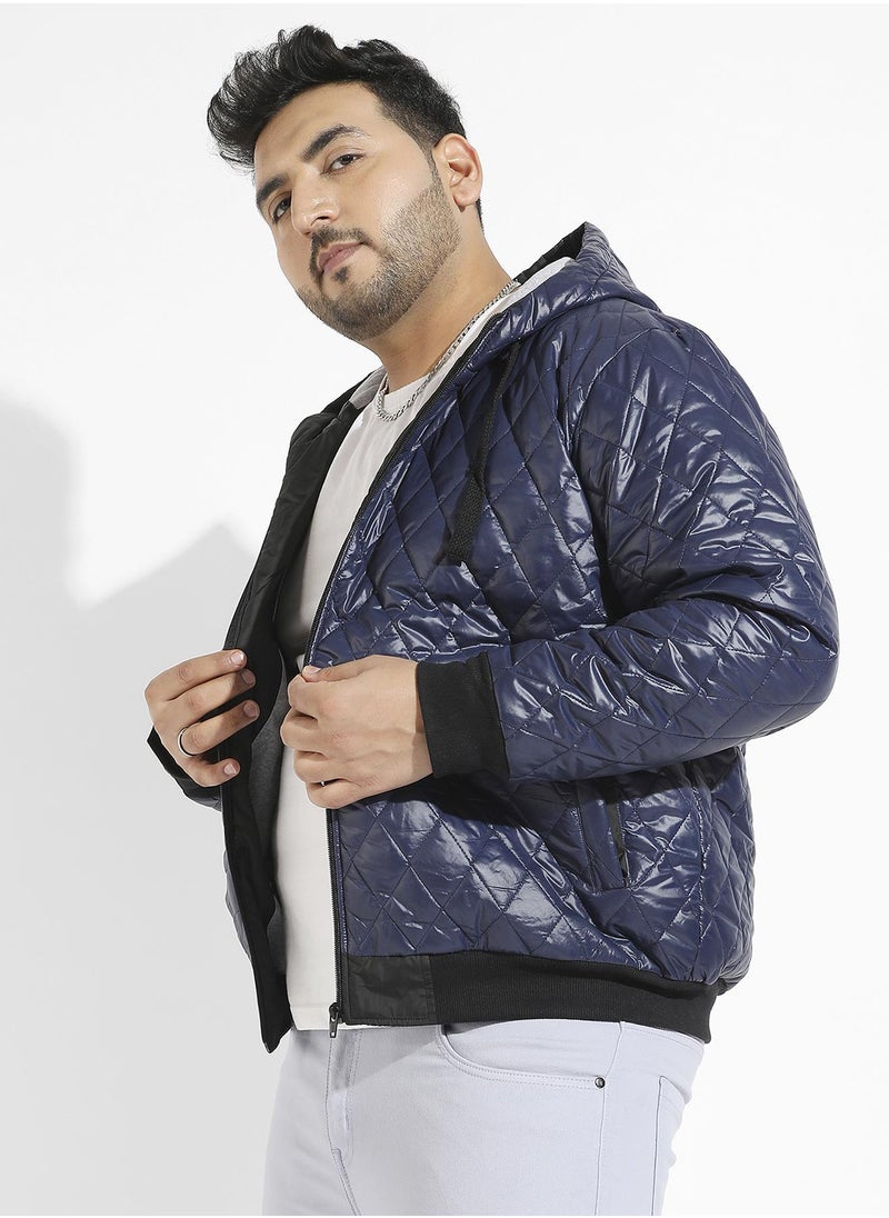 Men's Blue Quilted Puffer Jacket With Zip-Closure