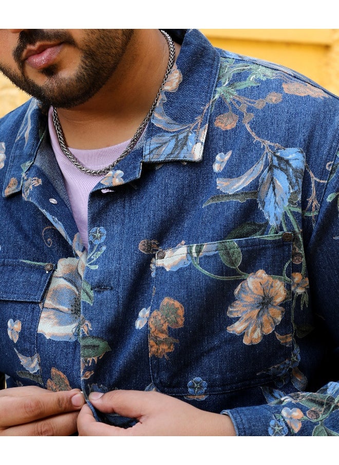 Men's Navy Blue Botanical Denim Jacket