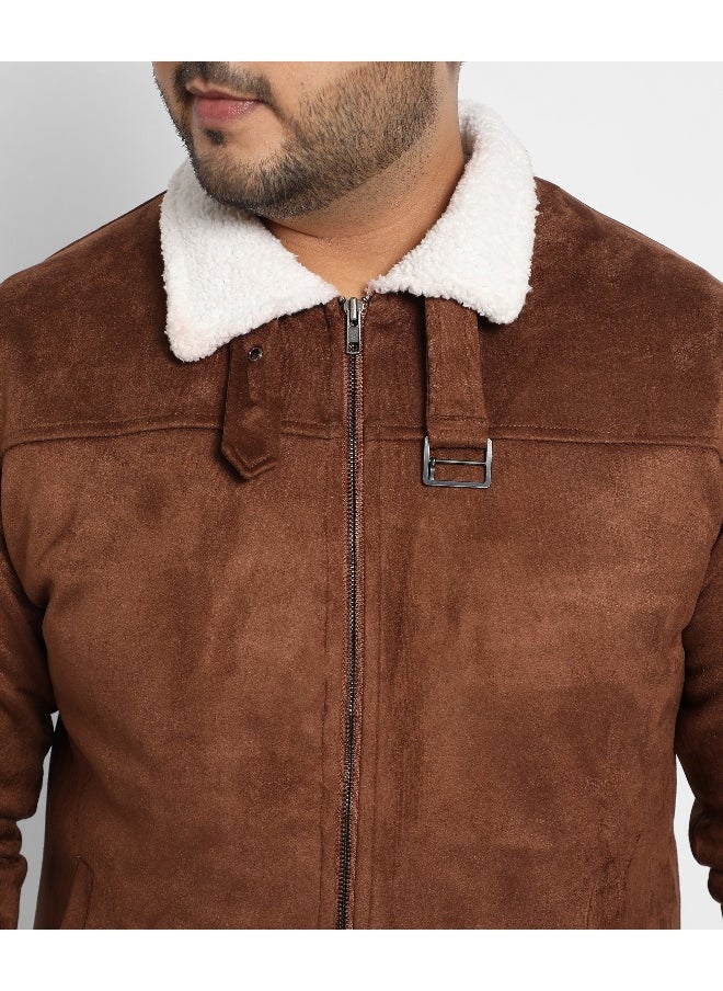 Instafab Plus Men's Brown Zip-Front Jacket With Fleece Detail