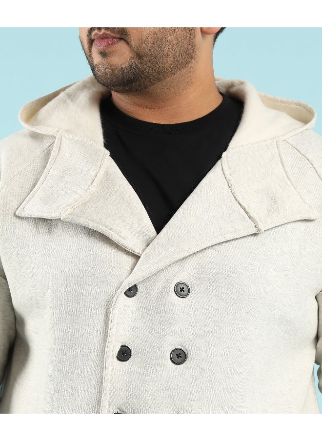 Instafab Plus Men's Light Grey Double-Breasted Jacket With Hoodie