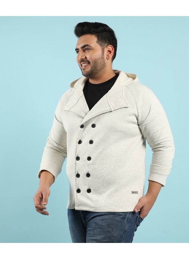 Instafab Plus Men's Light Grey Double-Breasted Jacket With Hoodie