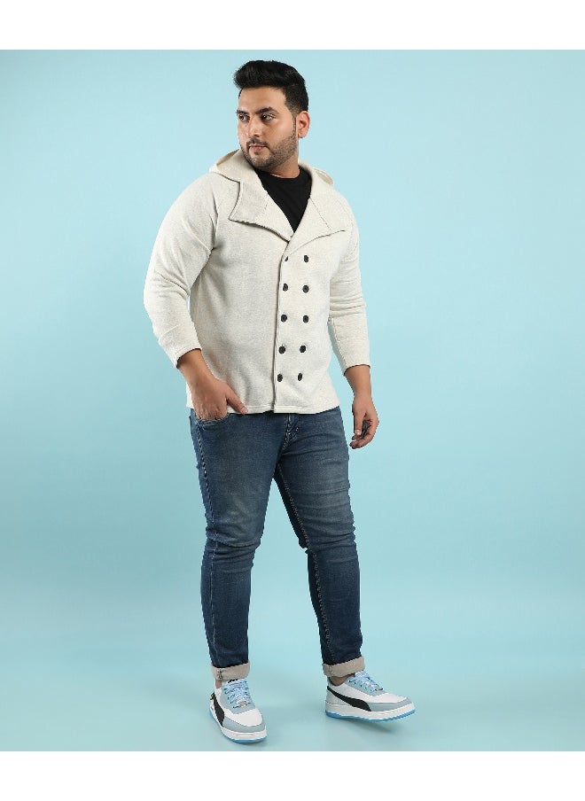 Instafab Plus Men's Light Grey Double-Breasted Jacket With Hoodie