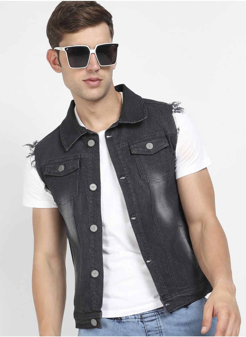 Men's Black Dark-Wash Denim Jacket With Flap Pocket