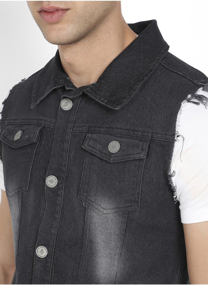 Men's Black Dark-Wash Denim Jacket With Flap Pocket